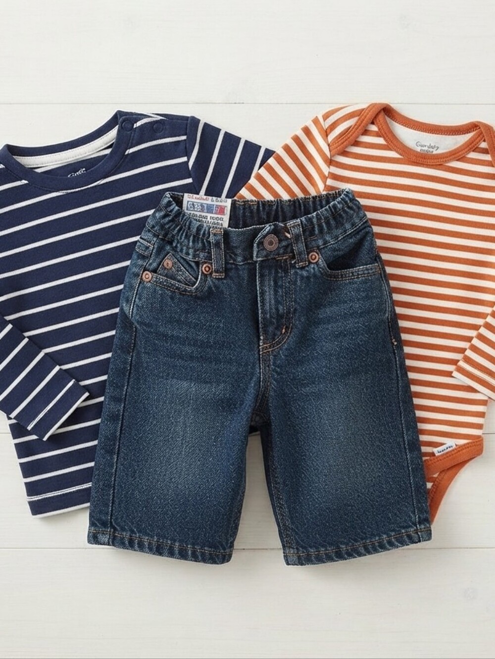 The Children's Place 6-9M Orange and Navy Striped Set with Denim Jeans